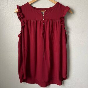 LOFT Women's Ruffle Sleeve Henley Blouse Burgundy